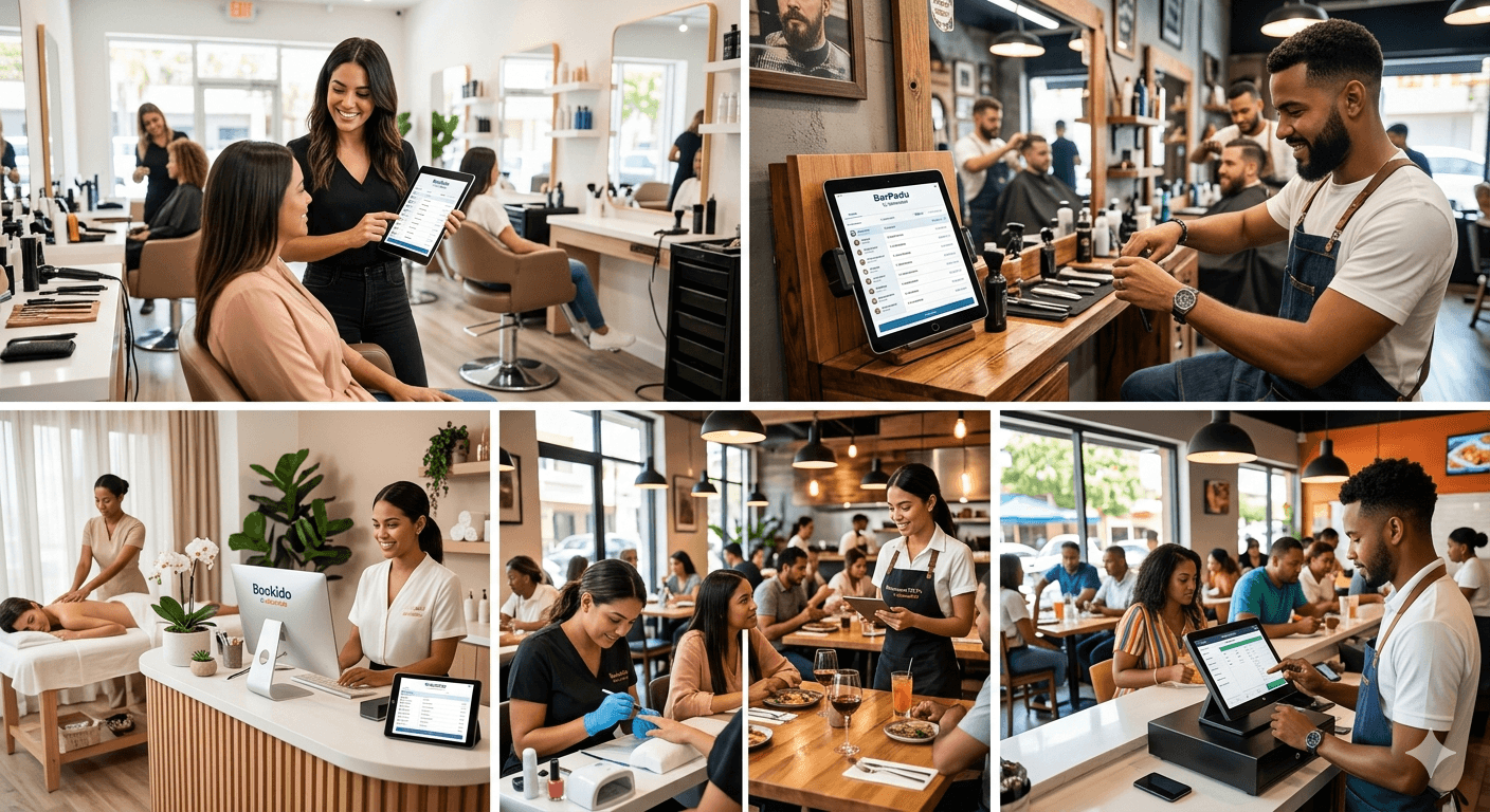 Collage de seis negocios usando Gestióndo en tablet: estilista mostrando agenda a clienta, barbero consultando reservas, recepción de spa con pantalla de citas, mesera tomando comanda digital, bartender revisando inventario y dueña gestionando turnos