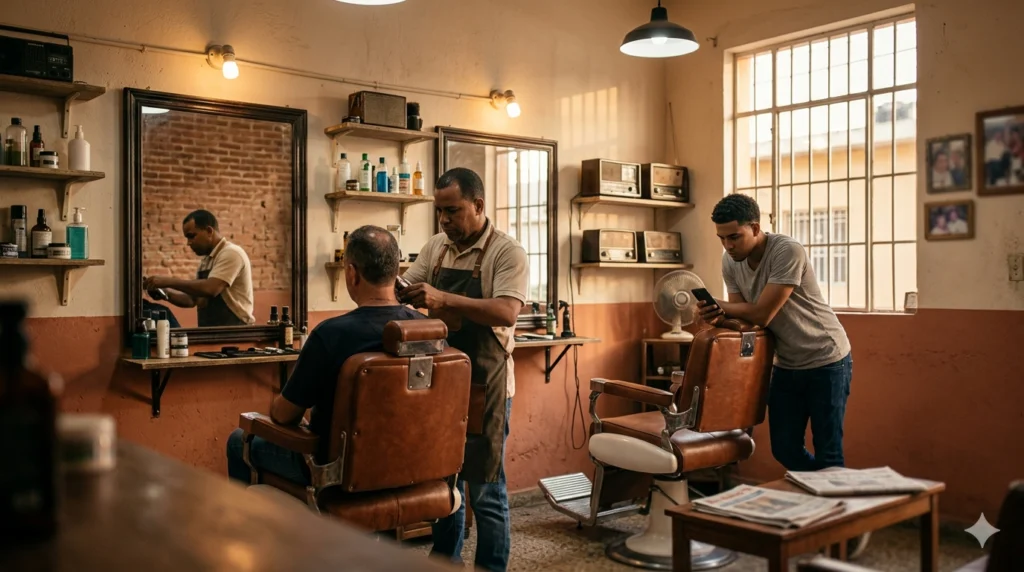 Clientes llegando a una barbería dominicana de barrio