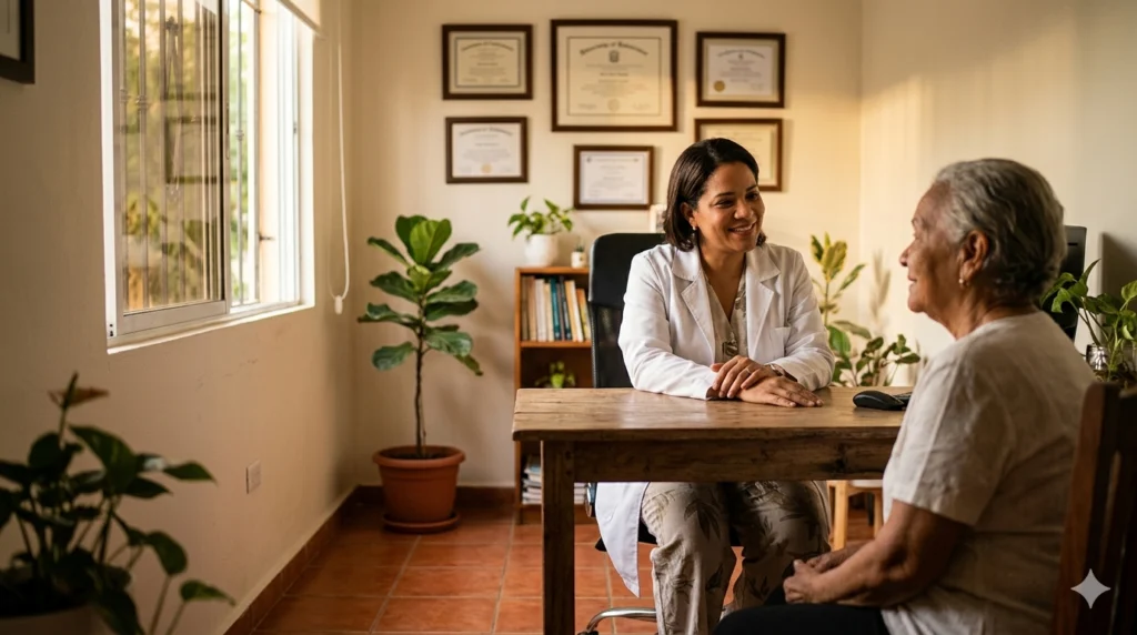 Paciente despidiéndose del médico tras una consulta en clínica dominicana