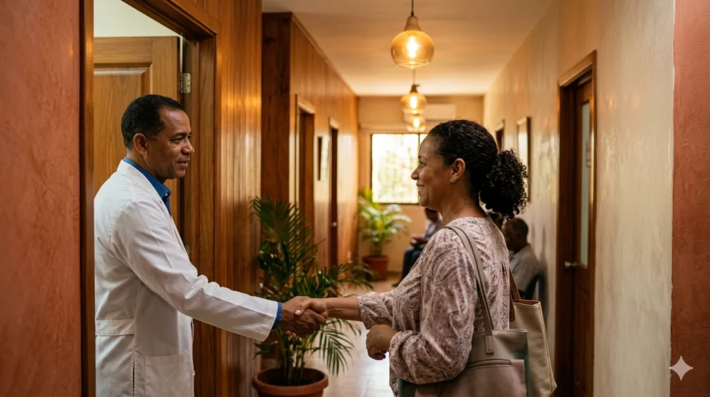 Recepcionista de consultorio médico gestionando citas en tablet