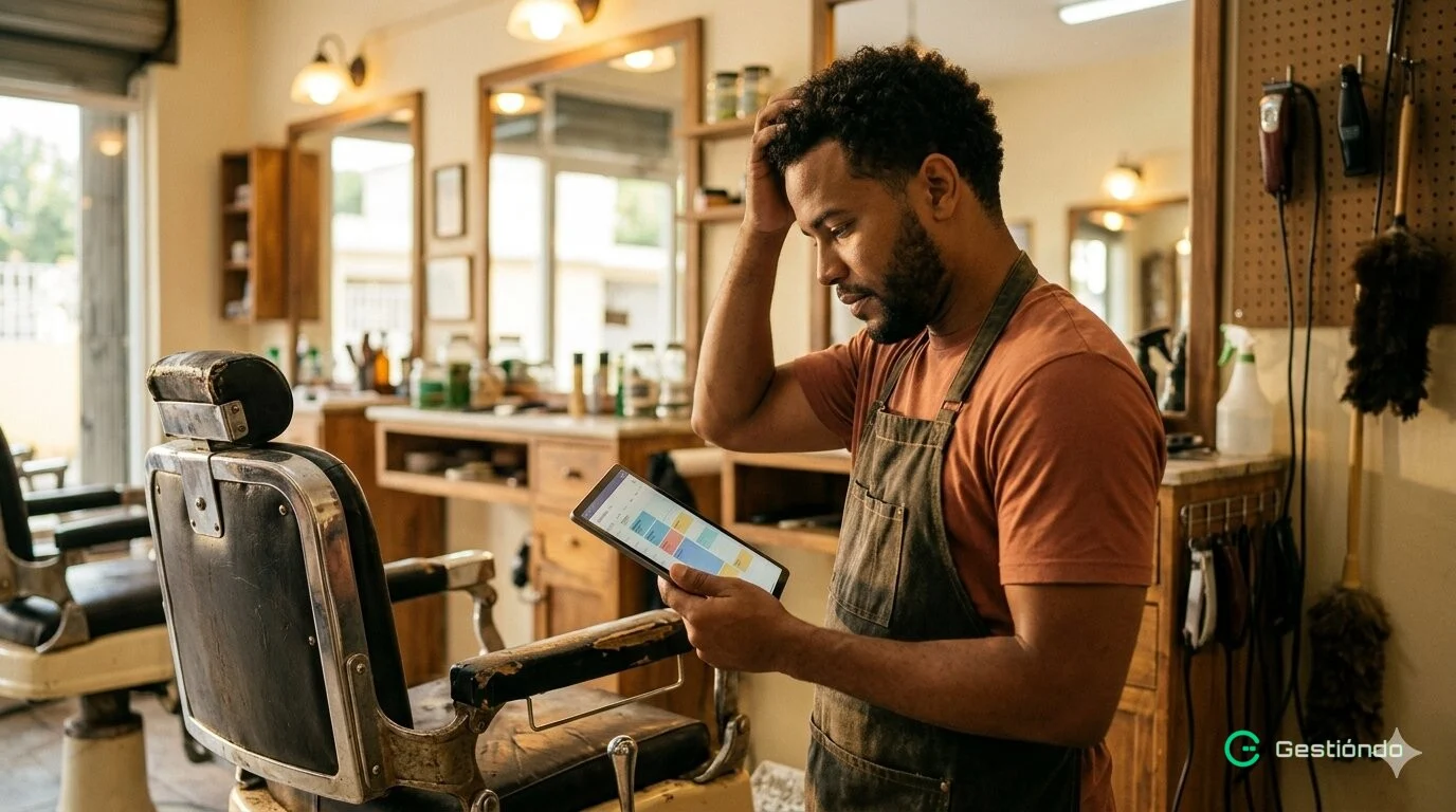 Barbero dominicano consultando agenda digital de citas en tablet