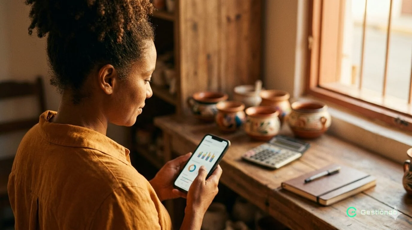 Dueño de negocio dominicano revisando métricas en su smartphone
