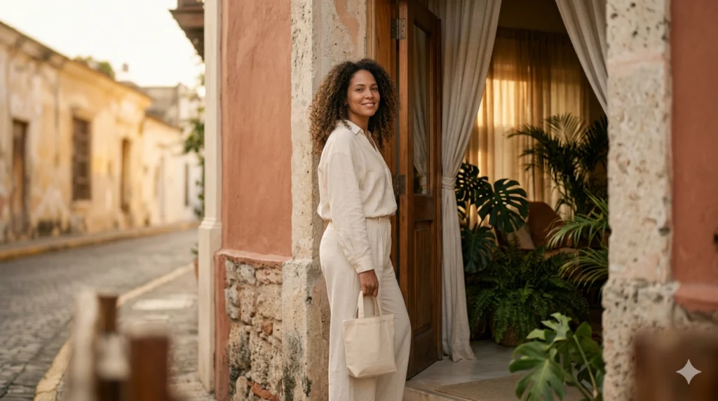 Clienta saliendo relajada de un spa dominicano al atardecer