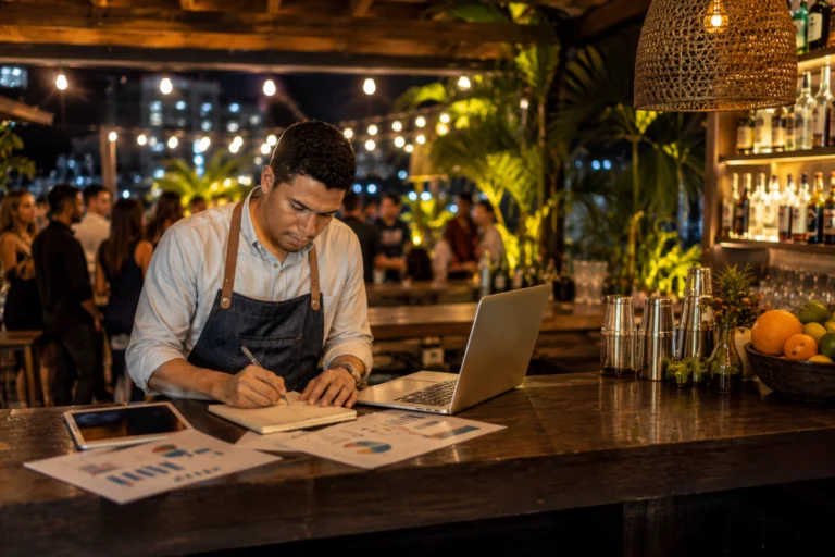 Negocio nocturno y bar en República Dominicana con iluminación cálida