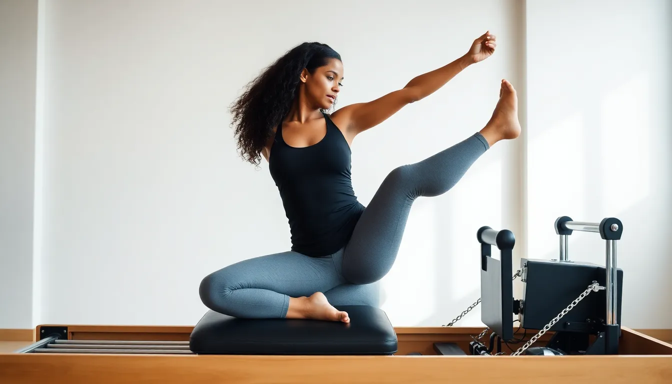 Mujer dominicana ejercitandose en maquina de pilates reformer