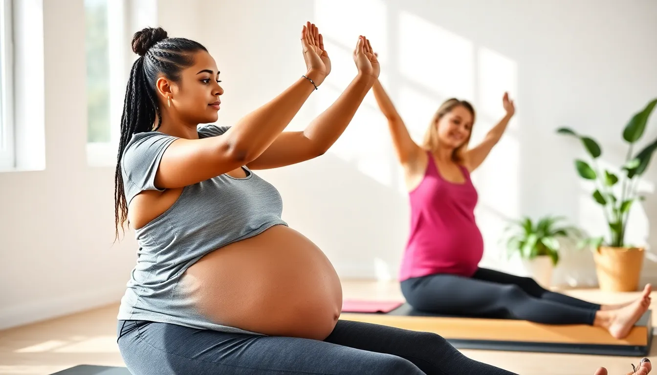 Mujer embarazada practicando pilates prenatal con guia de instructora