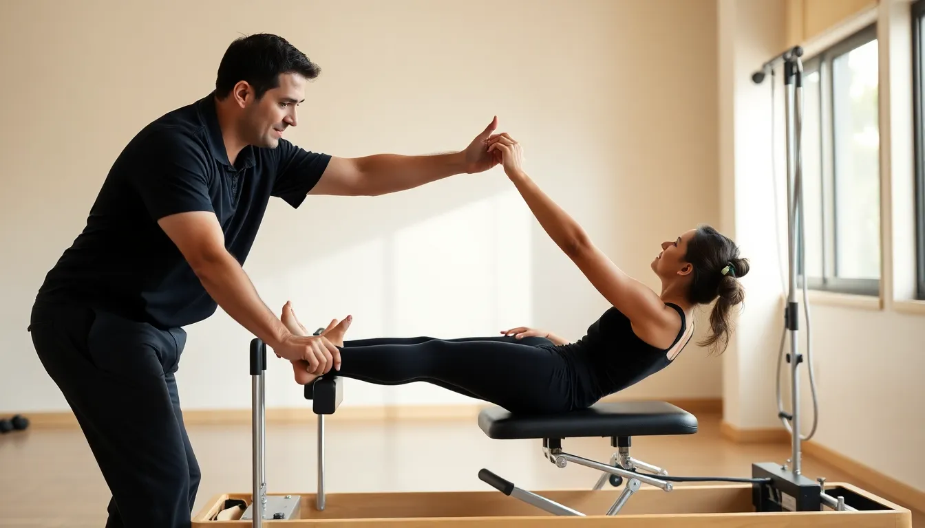 Instructor profesional de pilates guiando alumna en maquina reformer